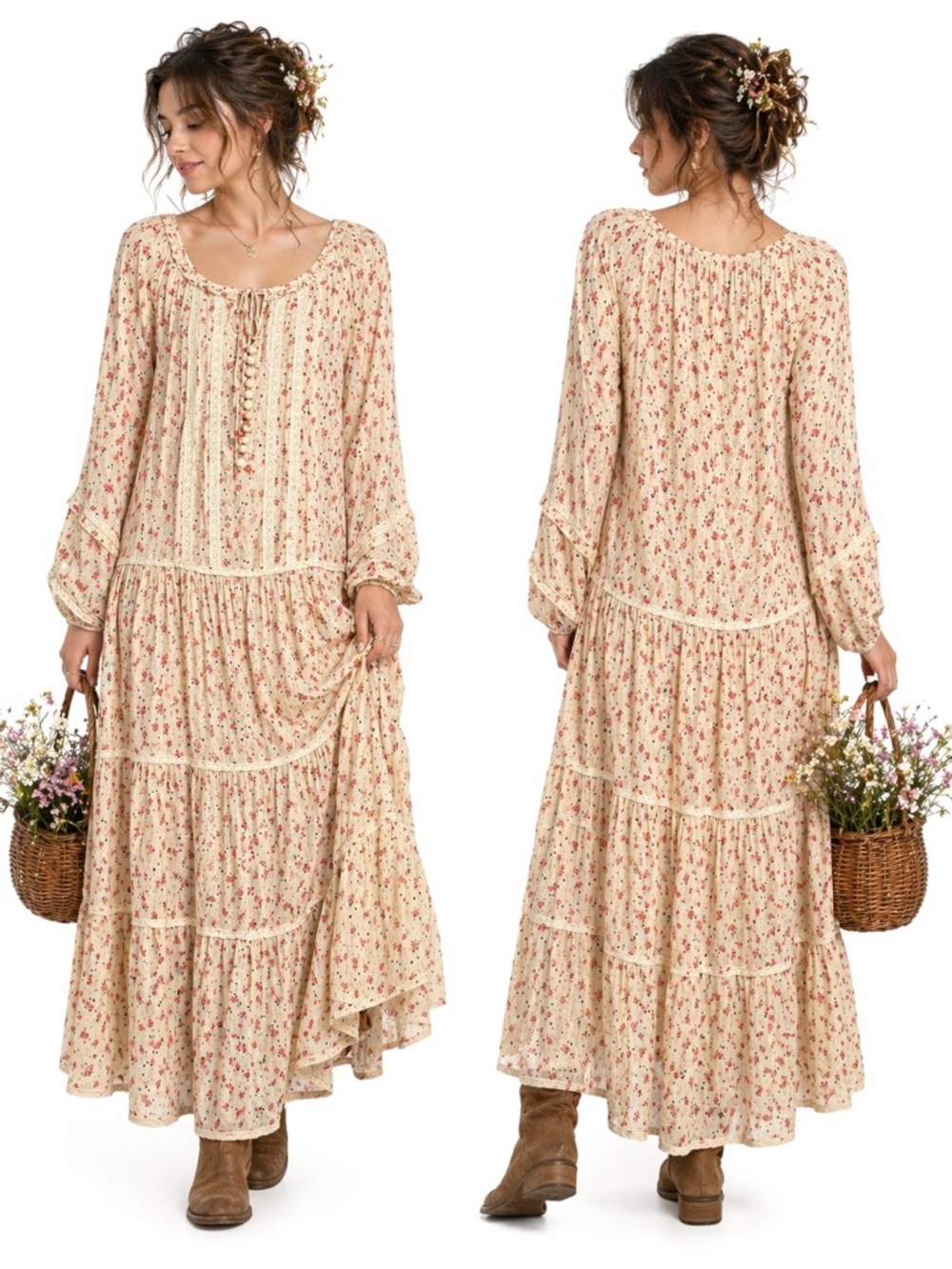CB Positano Cottagecore Prairie L/S Floral Tiered Boho Romantic Maxi Dress L/XL